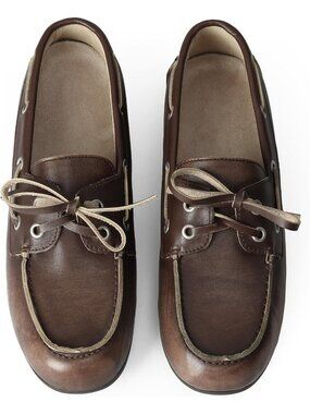 Women's Brown Leather Comfortable Bow Lace Loafer Slip On Casual Flat Boat Shoes